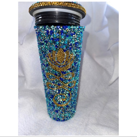 Unalome Lotus 24oz blue/gold rhinestone cup with matching screw top lid w/straw - Picture 2 of 9